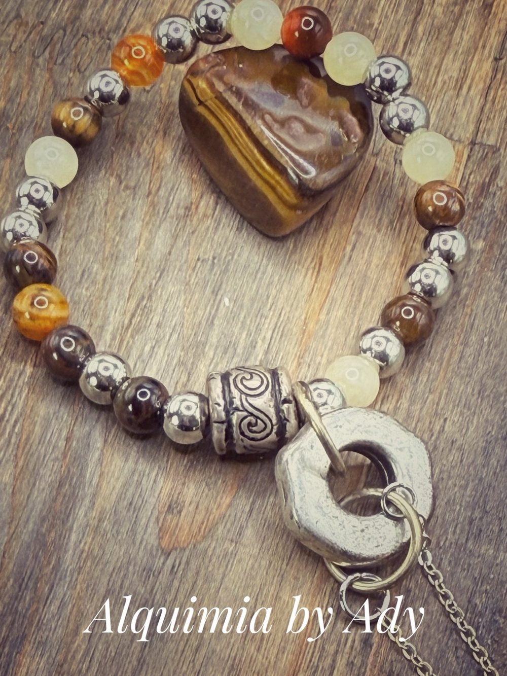 Tiger eye + orange agate Brown, Gold and Cream Beaded Bracelet with Toggle Charm